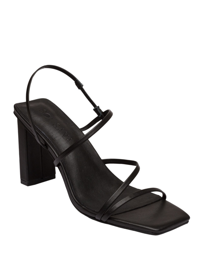 GEANIE - BLACK LEATHER BARELY THERE SANDALS WITH A STRAIGHT BACK HEEL AND SQUARE TOE INSOLE - SOLSANA